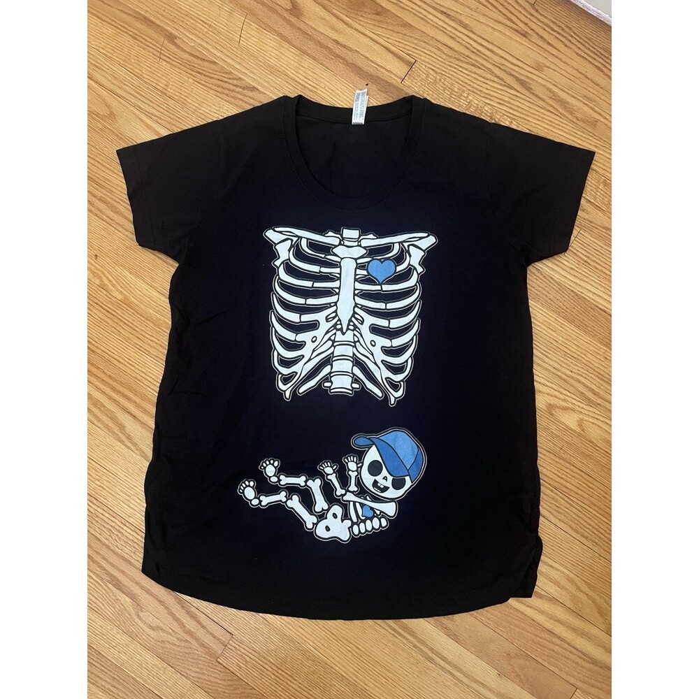 Funny Maternity Halloween Shirt Skeleton Baby Bump Tee M Pregnant Costume Blue